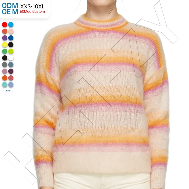 Custom Long sleeve shag mohair wool-blend sweater women stripe tops with Rib knit crewneck collar sweater for women