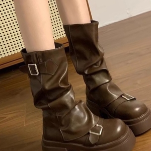 Bottines mi-mollet tendance à plateforme pour femmes, bottes punk gothiques à semelle épaisse avec trois boucles, chaussures rehaussantes - Product Image 6