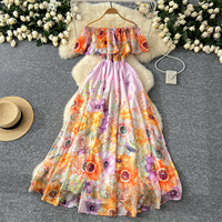 Robe longue décontractée en mousseline à imprimé floral et épaules dénudées pour femme, avec taille élastiquée et volants, coupe trapèze, idéale pour les vacances, la plage ou les soirées