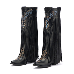 <span class=keywords><strong>Stivali</strong></span> da Cowgirl WETKISS Personalizzati con Ricamo Messicano Occidentale, Tacco in Legno, Nappine, <span class=keywords><strong>Stivali</strong></span> Alti al Ginocchio <span class=keywords><strong>Neri</strong></span> con Frange per Donne - Product Image 3