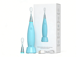 Brosse à dents sonique en silicone souple pour enfants, 2 têtes de rechange, rechargeable, 400 mAh Li-Ion, charge sans fil, étanche IPX7 - Product Image 1