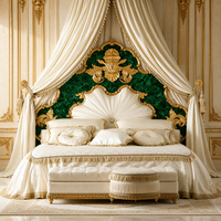 Lit double de style européen de luxe en bois massif baroque français sculpté avec table de toilette en cuir véritable, mobilier de maison