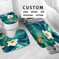Rideau de douche 4 pièces antidérapant imprimé motif floral bohème classique, en polyester imperméable, couleur et design personnalisables, 12 crochets