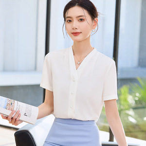 Women V-neck Short Sleeve Shirt White Solid Color Polyester Poplin Work Blouse Elegant Professional Office Wear - Product Image 4