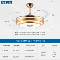 Ventilateur de plafond moderne d'intérieur avec lampe LED, lustre doré, rétractable invisible, ventilateur de plafond Bluetooth avec lumière et musique