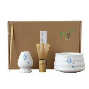 Honghao Chất lượng cao biểu tượng tùy chỉnh hộp gỗ Matcha Whisk Set với bát gốm matcha trà xanh bột tre Whisk