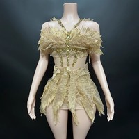 Robe à bretelles spaghetti dorées tenue de performance en maille GOGO discothèque Costume de danseuse sexy