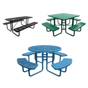 Outdoor powder coating metal commercial garden picnic table with bench school outside patio steel rectangle dining table chair