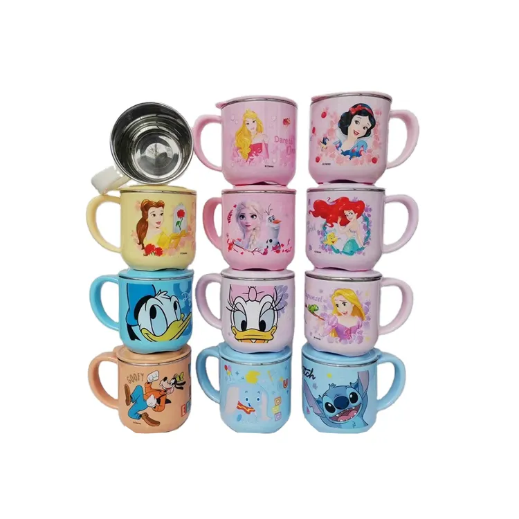 Princess cartoon cups stainless steel children's water mugs stitch blue insulated cups 260 ml double-sided design