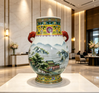 Urne décorative en porcelaine à motif paysage oriental, peinture chinoiserie pavillon montagne, vase en porcelaine avec oreilles d'éléphant