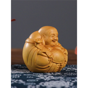 Estatua de Buda Maitreya de madera maciza de boj, tallada a mano, con rostro y gran vientre, artesanía creativa, adorno decorativo. - Product Image 3