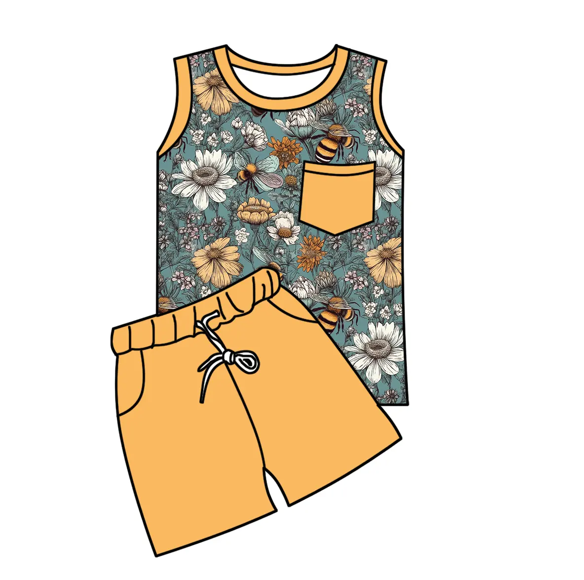 Bébé fille à manches courtes été abeilles impression t-shirt ensemble enfants chemise personnalisée haut cloche bas pantalon tenue enfants automne ensemble