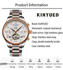 Montre mécanique pour homme KINYUED, étanche 3 ATM, bracelet en acier inoxydable, design double fermoir papillon, calendrier complet, vente en gros - Product Image 3