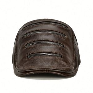 Nouveau design, casquette Ivy à fermeture éclair, en cuir véritable, décontractée, pour homme, hiver, extérieur, chapeau chaud - Product Image 2