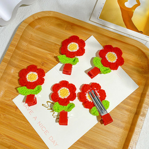 Horquillas para el Cabello con Flores Rojas, Hechas a Mano con Lana de Ganchillo, Clips BB Delicados Tejidos, Horquillas al por Mayor para Niñas y Adolescentes - Product Image 3