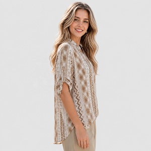 Camisa <span class=keywords><strong>de</strong></span> mezcla <span class=keywords><strong>de</strong></span> viscosa con estampado geométrico para <span class=keywords><strong>mujer</strong></span>, cuello en V, botones dorados, manga enrollable, blusa informal tribal, chemise femme - Product Image 1
