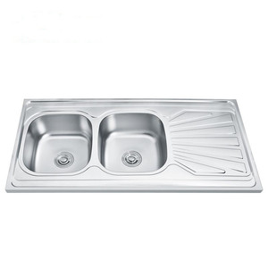 Évier de cuisine double bac en acier inoxydable SUS 304 sur mesure de haute qualité, à encastrer, chromé, avec égouttoir inclus - Product Image 1