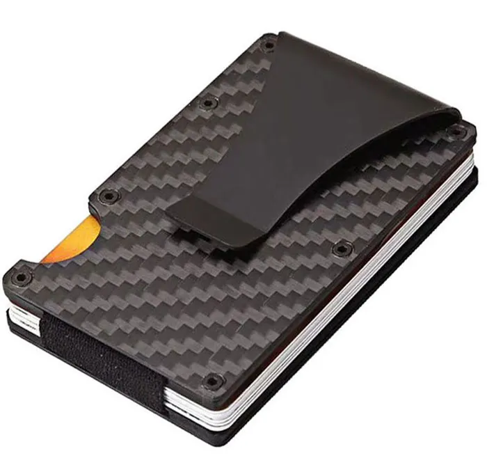 China Beste Verkoop Ultra Dunne Rfid Real Carbon Fiber Card Wallet, Minimalistische Aluminium Credit Kaarthouder Met Geld Clip