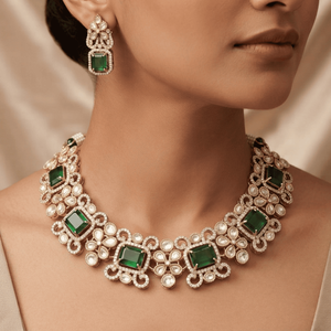 Glamorous Silver Plated Green Emerald Square Stone Choker Necklace Set With Matching Stud Earrings Set For Modern Bridal Wear - Product Image 2
