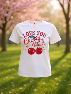 T-shirt casual da donna per San Valentino, con stampa di ciliegie e scritta, girocollo, manica corta, in cotone leggero e traspirante, per la primavera - Product Image 2