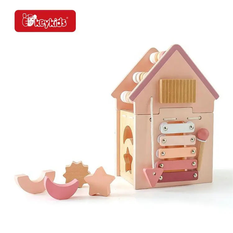子供のための新しい到着5in1教育ピンク木造住宅形状ソーターおもちゃW12D497