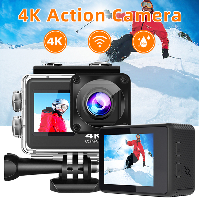 Action & Sports Camera 4K with Dual Screen 2.0" IP67 Waterproof 120 Wide Angle TF Card Fixed Focus