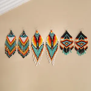 Handmade Colorful Rice Beads Chandelier Earrings With Tassel Jewelry For Women And Girls