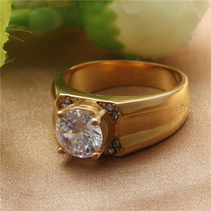 Fashionable Titanium Steel Round Brilliant Cut Diamond <b>Ring</b> Women's Wedding Jewelry Gold Color Retro Style - Product Image 1