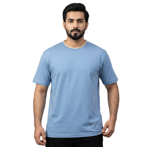 Camiseta Personalizada con Tu Logotipo, Moderna, Suave y Fresca, para Hombre, Azul Liso, Estilo Vintage, Corte Holgado, Cuello Redondo, Informal - Product Image 1