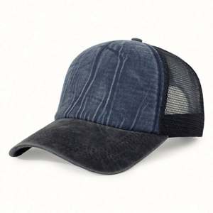 Gorra deportiva retro transfronteriza para hombres y niños, estilo béisbol, con cinco paneles, media malla transpirable, protección solar, efecto envejecido, de tela común - Product Image 5