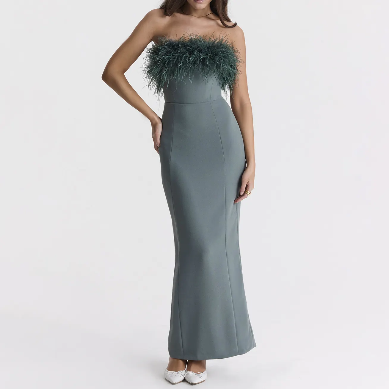 Elegant Maxi Dress Corset Neckline Luxurious Feather Slit Fully Lined Gorgeous Events Weddings Champagne Evening Dress