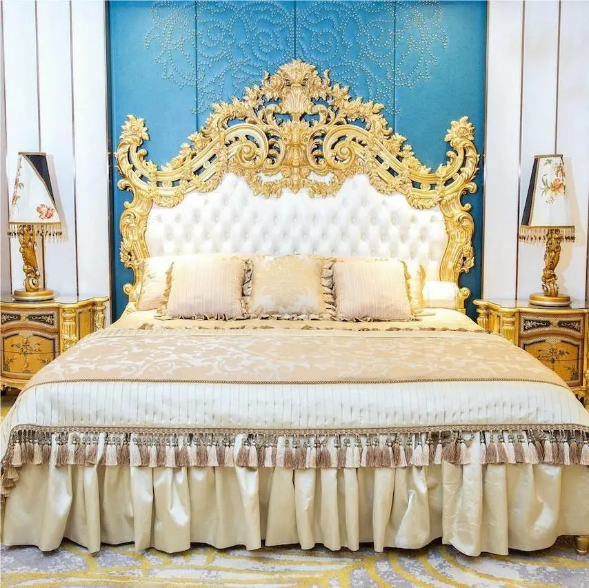 European Bedroom Furniture Set 100% Hand Carved Solid Wood Gold Leaf Fabric Upholstered Traditional Royal King Size Bed