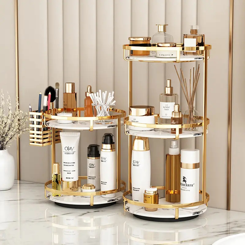 Luxury Gold Bathroom Shelf Marble Countertop Organizer 360 Rotating Cosmetic Storage Box with Lipstick Holder Makeup Brush Rack