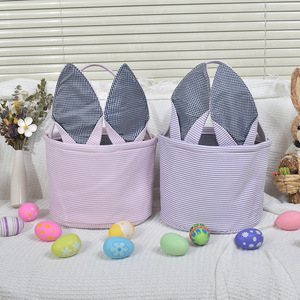 <strong>Easter</strong> <strong>Basket</strong> Blank Embroidery Stripe Seersucker <strong>Easter</strong> <strong>Baskets</strong> Rabbit Bunny Ear Bags <strong>Egg</strong> <strong>Hunt</strong> <strong>Easter</strong> <strong>Basket</strong> for Kids - Product Image 1