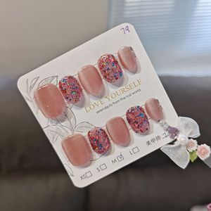 <span class=keywords><strong>Uñas</strong></span> Postizas Cortas Redondas de Color <span class=keywords><strong>Rosa</strong></span> Natural <span class=keywords><strong>con</strong></span> Destellos Rosados, Acabado Brillante, Reutilizables, para Uso Diario y Festivo - Product Image 2