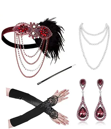 1920 Vintage Flapper Accessories Set Great Gatsby Costume Jewelry Diamond Headband Necklace Gloves Earring Cigarette Holder