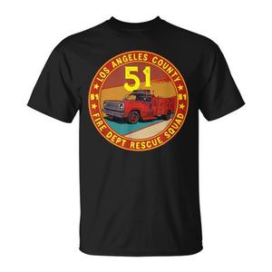 Camiseta del Departamento de Bomberos del Condado de Los Ángeles, Escuadrón de Rescate 51, diseño clásico de camión de emergencia vintage - Product Image 1