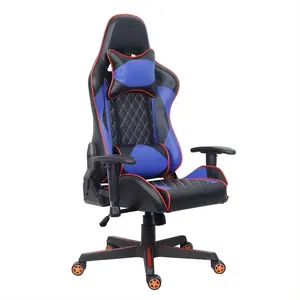 最佳游戏椅更便宜的赛车运动游戏椅，带腰部搁脚板彩色RGB发光二极管黑色赛车游戏椅蓝色
