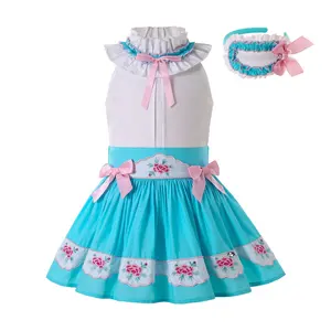 2023 OEM Pettigirl Princess Kleider für kleine Mädchen Bestickte große Schwester Besondere Anlässe Beliebte Mädchen Outfits mit Stirnband