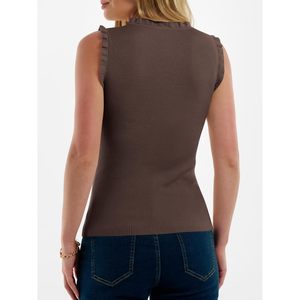 FOXA Débardeur côtelé pour femme, col rond, sans manches, à volants, tricoté, respirant, pour l'été, tenue décontractée - Product Image 5