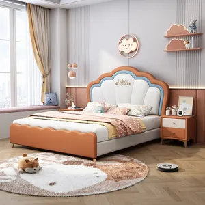 Modern classic bedroom furniture set solid wooden frame upholstered leather kids bed with storage cabinet