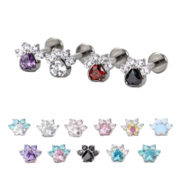 Gaby Piercing Labret à filetage interne en argent et zircon, motif patte de chat, pour l'oreille et la lèvre, bijou de piercing corporel, cadeau Saint-Valentin