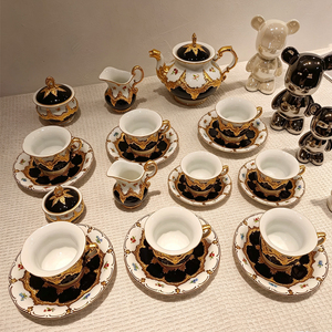 Complete Cobalt Blue Gold Embossed Floral <b>Bone</b> <b>China</b> <b>Dinner</b> Plate <b>Set</b> Teapot Cups Sugar Creamer Baroque Style Eco-Friendly - Product Image 1