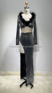 महिलाओं के कपड़े नए आगमन <span class=keywords><strong>2</strong></span> टुकड़े सेट स्लिट शादी की शाम कपड़े 2022 अनुक्रमित पंख उष्णकटिबंधीय वेस्टिडो डी वर्नो - Product Image 4