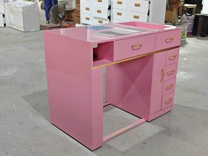 Pink <b>Nail</b> Table Salon Furniture with Drawers Marble Top Beauty Workstation for Manicure Studio - Product Image 3