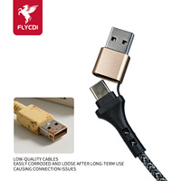 FLYCDI Kabel Pengisian Daya Super Cepat Magnetik Berlapis Emas 3-in-2 Tipe-C/iOS/Micro 1.25M Berbahan Nilon Kepang untuk IOS & Android