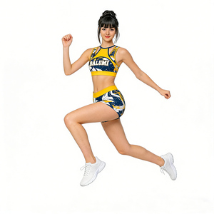 Ensemble <span class=keywords><strong>de</strong></span> <span class=keywords><strong>danse</strong></span> Balumi pour filles, uniforme <span class=keywords><strong>de</strong></span> cheerleading respirant en spandex, bleu marine et jaune, imprimé avec strass, haut court et short, vente chaude OEM - Product Image 5