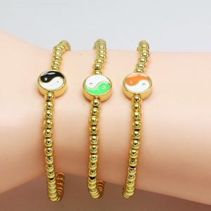 Wholesale Stretch Gold Plated <strong>Beads</strong> Customized <strong>Logo</strong> Enamel Yin Yang Tai Chi Charm Beaded <strong>Bracelets</strong> - Product Image 1