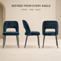 Chaise de salle à manger Navy Boucle à dossier ouvert, découpe rectangulaire sculptée, assise rembourrée, pieds métalliques coniques