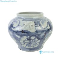 Vase de table en porcelaine bleue et blanche peinte à la main, style rustique traditionnel, avec poignées en forme de tête de bête, RZNA47-A/RZNA22-C